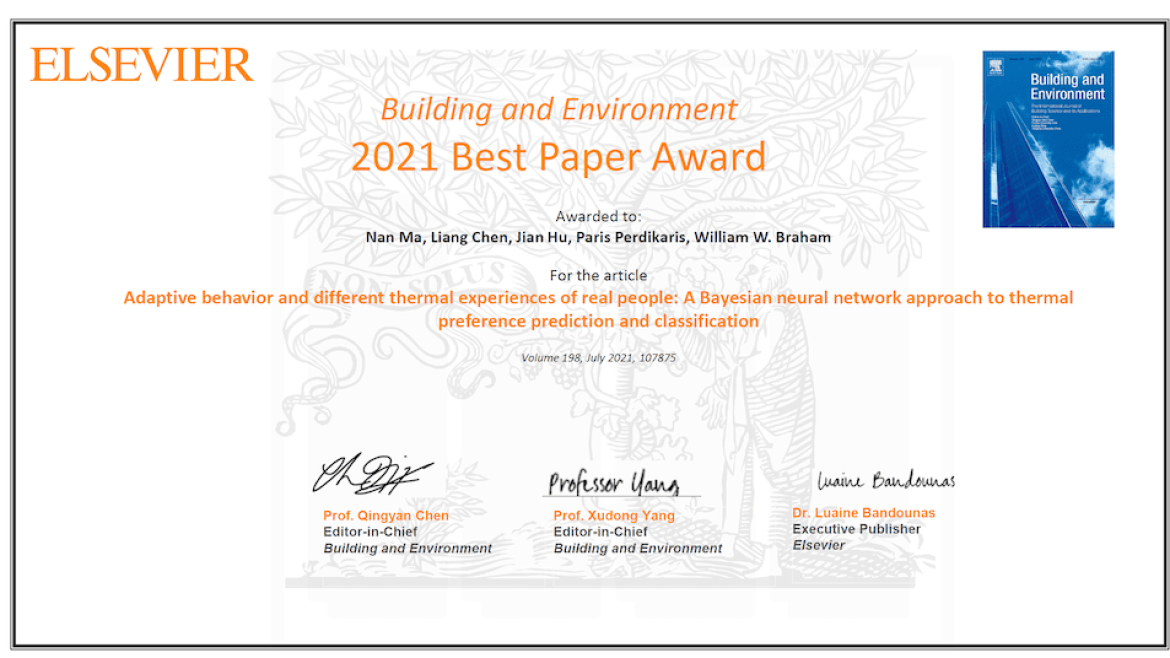 Ma Wins ‘Building and Environment’ 2021 Best Paper Award